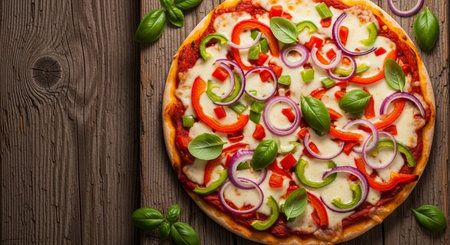 Pizza with mozzarella cheese, pepper and basil on wooden backgroundの素材