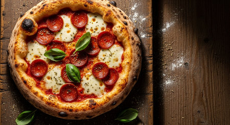 Pizza with salami and mozzarella cheese on wooden backgroundの素材