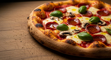 Pizza with salami, mushrooms and mozzarella on wooden tableの素材