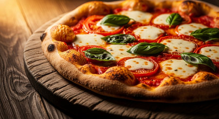 Pizza with mozzarella, tomatoes and basil on a wooden backgroundの素材