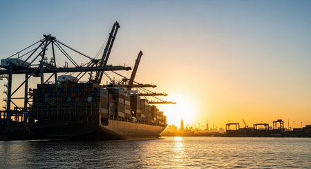 Container Cargo freight ship with working crane bridge at sunset for Logistic Import Export backgroundの素材