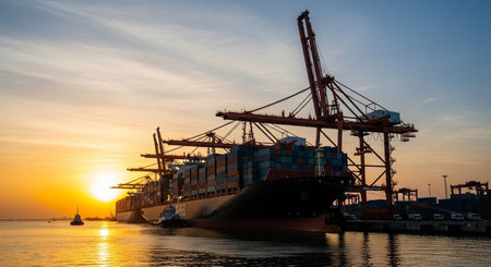 Container Cargo freight ship with working crane bridge at sunset for Logistic Import Export backgroundの素材