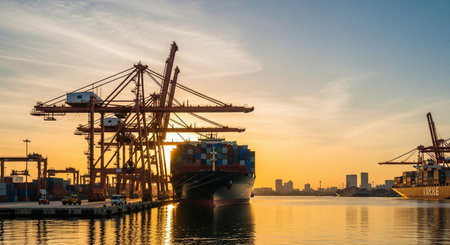 Container Cargo freight ship with working crane bridge at sunset for Logistic Import Export backgroundの素材