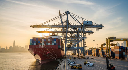 Container Cargo freight ship with working crane bridge in shipyard at sunset for Logistic Import Export backgroundの素材