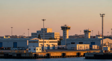 View of the port of Rotterdam in the Netherlands at sunsetの素材
