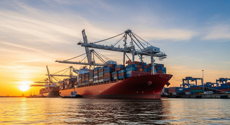 Container Cargo freight ship with working crane bridge at sunset for Logistic Import Export backgroundの素材