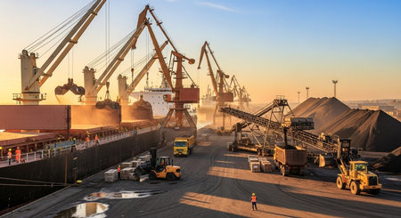 Cargo terminal for loading bulk cargo of iron ore by ship cranes and grabs at sunset. Port of Pulkovo, Russia.の素材