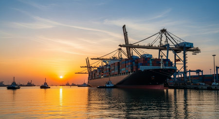 Container Cargo freight ship with working crane bridge at sunset for Logistic Import Export backgroundの素材