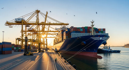 Container Cargo freight ship with working crane bridge for Logistic Import Export backgroundの素材