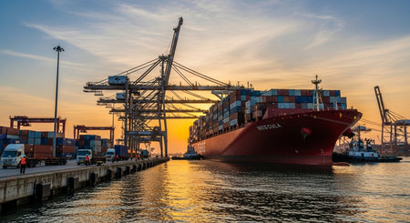 Container Cargo freight ship with working crane bridge at sunset for Logistic Import Export backgroundの素材