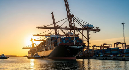 Container Cargo freight ship with working crane bridge at sunset for Logistic Import Export backgroundの素材