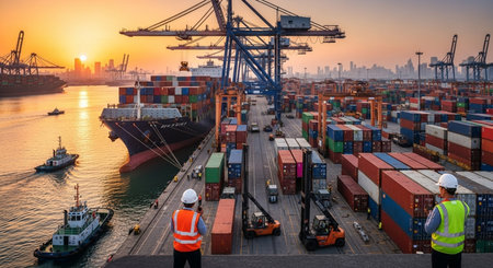 Container Cargo freight ship with working crane bridge at sunset for Logistic Import Export backgroundの素材