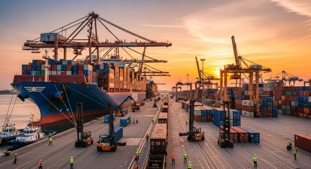 Container Cargo freight ship with working crane bridge at sunset for Logistic Import Export backgroundの素材