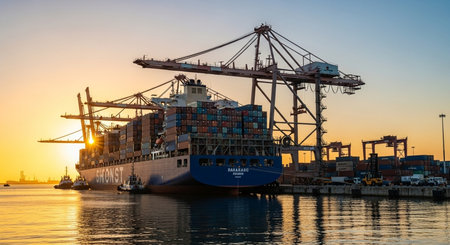 Container Cargo freight ship with working crane bridge at sunset for Logistic Import Export backgroundの素材