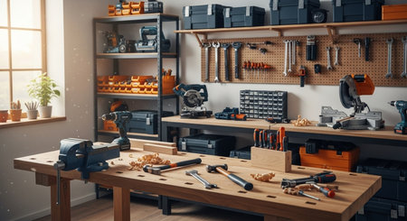 Wooden workbench with tools and instruments. 3d rendering.の素材