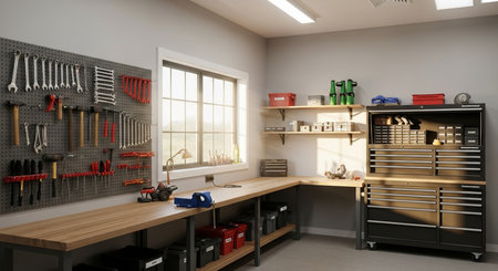 3d rendering of a repair shop with tools in a modern interiorの素材
