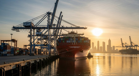 Container Cargo freight ship with working crane bridge at sunset for Logistic Import Export backgroundの素材