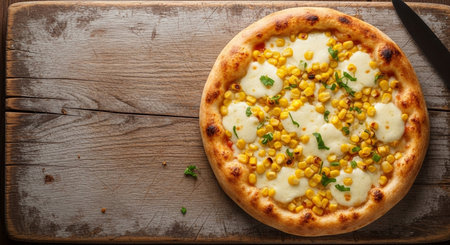 Pizza with mozzarella cheese and corn on a wooden tableの素材