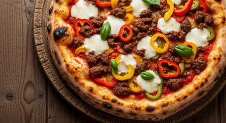 pizza with minced meat, pepper and mozzarella on wooden backgroundの素材