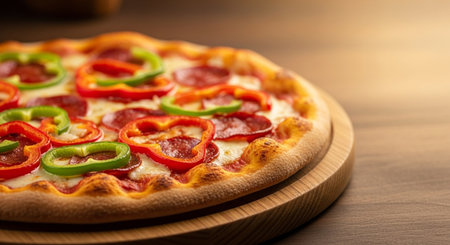 Pizza with pepper and salami on a wooden board close-upの素材