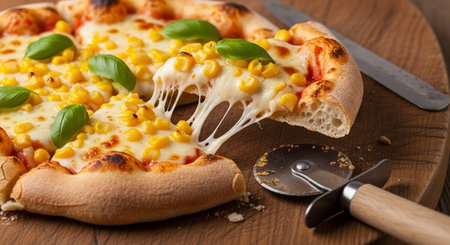 Pizza with corn and mozzarella cheese on a wooden boardの素材