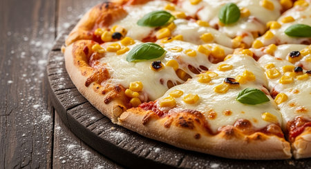 Pizza with corn and mozzarella cheese on wooden table.の素材