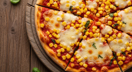 Pizza with mozzarella cheese and corn on wooden table, top viewの素材