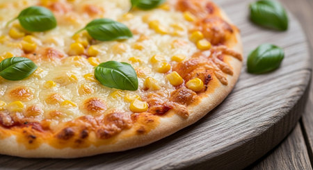 Pizza with corn, mozzarella and basil on wooden backgroundの素材