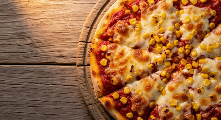 Pizza with mozzarella cheese, tomatoes and corn on wooden tableの素材