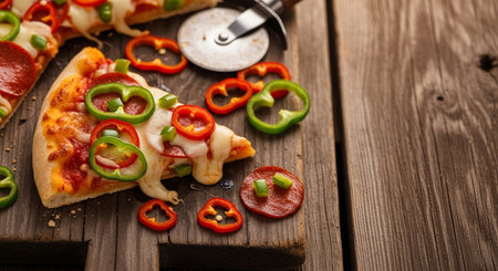 Pizza with salami, pepper and cheese on wooden background.の素材