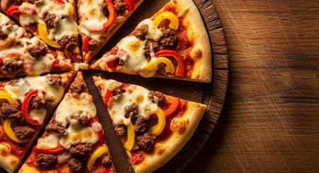 Pizza with beef, cheese and paprika on a wooden backgroundの素材