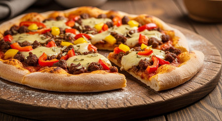 Pizza with meat, cheese, pepper and tomato on a wooden boardの素材