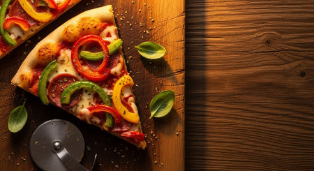 Pizza with salami, pepper, tomato and basil on a wooden backgroundの素材