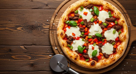 Pizza with beef, bell pepper and mozzarella on wooden backgroundの素材