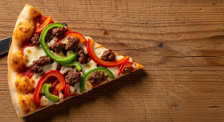 Pizza with meat, pepper and onion on a wooden background.の素材