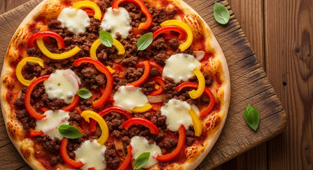Pizza with minced meat and vegetables on wooden background. Top viewの素材