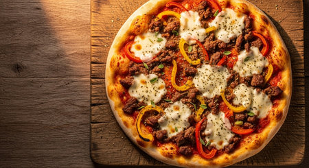 Pizza with beef, pepper and mozzarella on wooden tableの素材