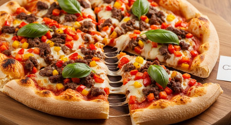 Pizza with minced meat and vegetables on a wooden board. Restaurantの素材