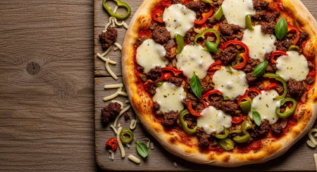 Pizza with minced meat, vegetables and cheese on a wooden backgroundの素材