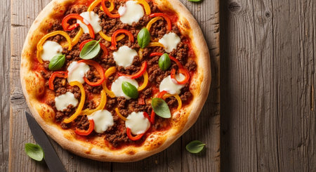 Pizza with minced meat, bell pepper and mozzarella cheeseの素材