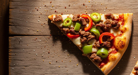 Pizza with beef and vegetables on a wooden table. Toned.の素材