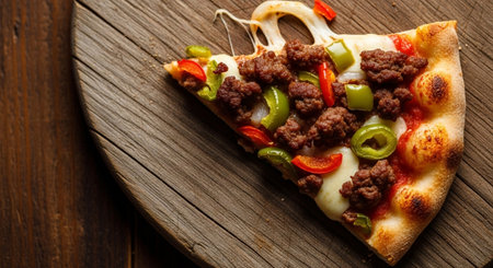 Pizza with minced meat, peppers and onions on a wooden backgroundの素材