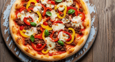 Pizza with minced meat, bell pepper and mozzarella cheeseの素材