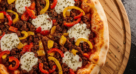 Pizza with minced meat, pepper and mozzarella on wooden boardの素材