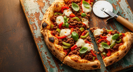 Pizza with minced meat, vegetables and mozzarella on wooden tableの素材
