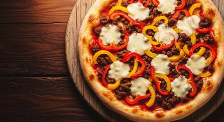Pizza with meat, vegetables and cheese on a wooden background.の素材
