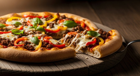 Pizza with meat, vegetables and cheese on a wooden table.の素材