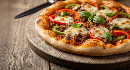 Pizza with minced meat, pepper and mozzarella on wooden backgroundの素材