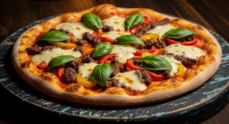 Pizza with meat, pepper and basil on a wooden background.の素材