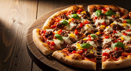 Pizza with minced meat, cheese and vegetables on a wooden tableの素材